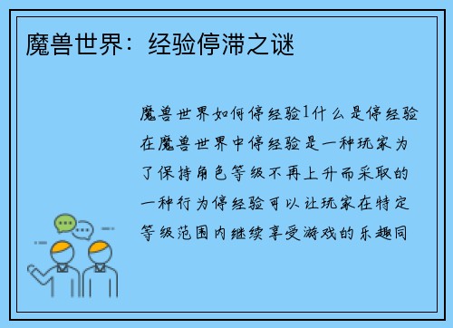 魔兽世界：经验停滞之谜